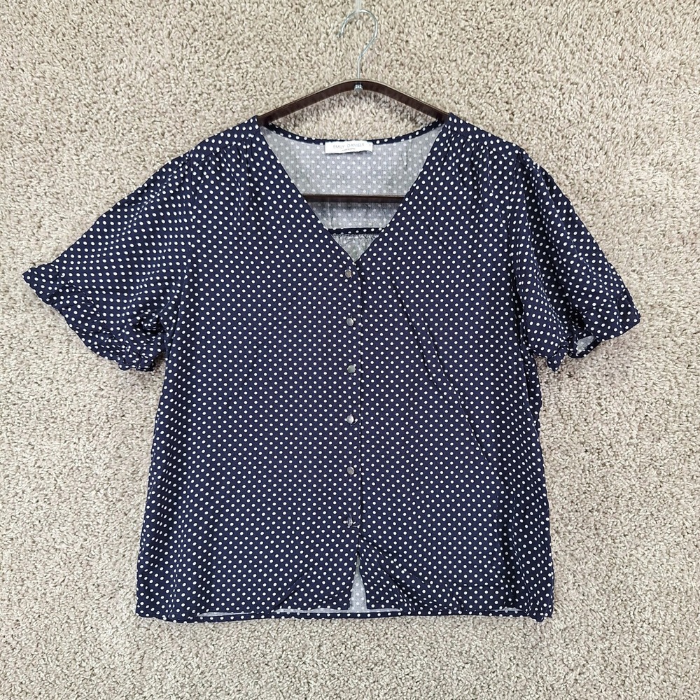 Emily Daniels Top Women L Navy Polka Dot Button Front V-Neck Casual Preppy